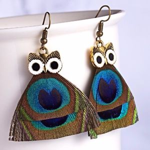 Adorable Owl Peacock Feather Earrings